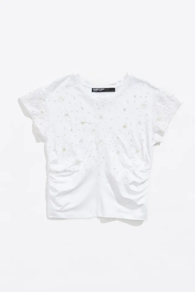 White Cotton Ruched Rhinestones Tshirt White Women Bimba Y Lola TShirts