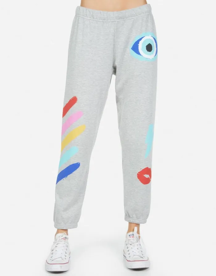 Women039s Alana Painted Evil Eye Heather Grey Lauren Moshi Crop Sweatpants