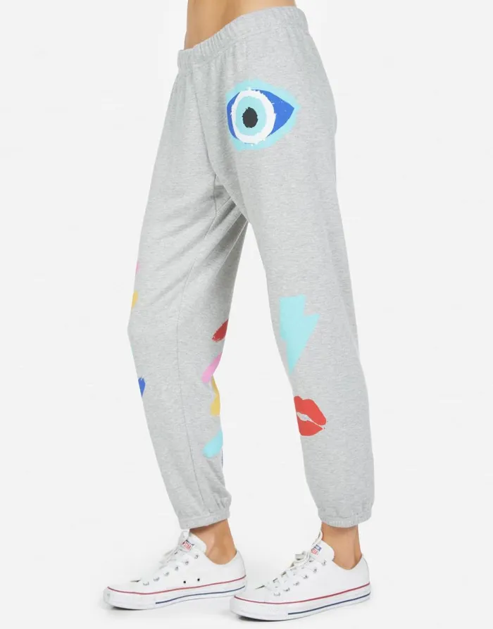 Women039s Alana Painted Evil Eye Heather Grey Lauren Moshi Crop Sweatpants