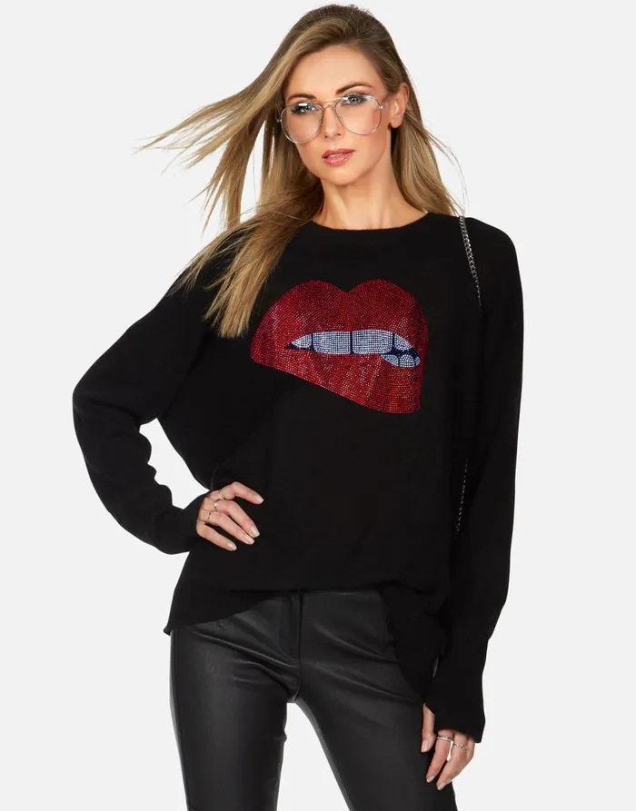 Women039s Ladona X Crystal Biting Lip Black Lauren Moshi Sweaters and Knits