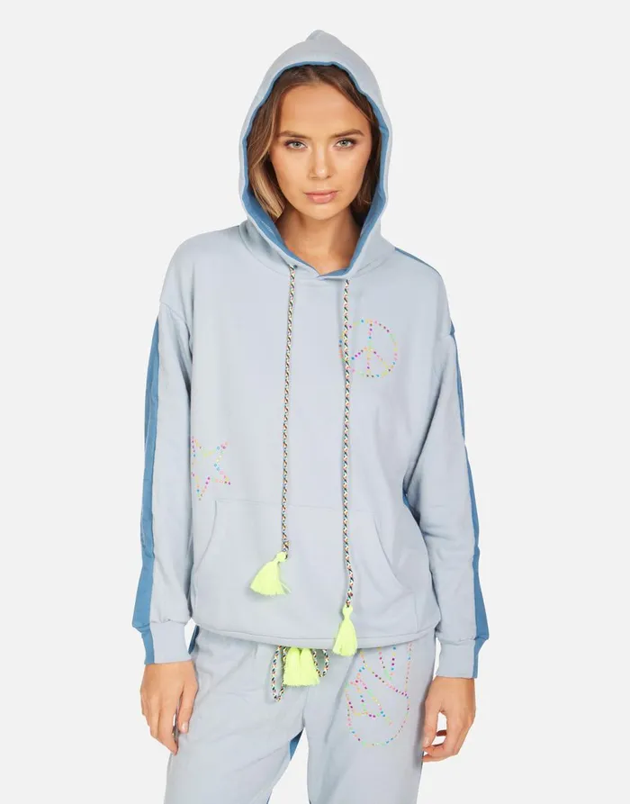 Women039s Stephanie X Neon Stud Peace Dusty Blue Teal Sky Lauren Moshi Hoodies