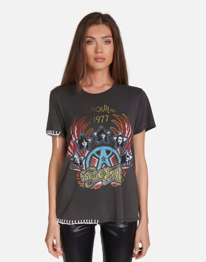 Women039s Wolf Aerosmith Tour Pigment Black Lauren Moshi Short Sleeve