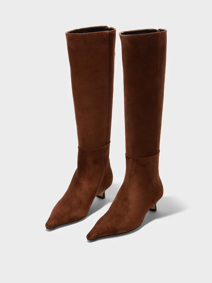 Women Aeyde ZAZIE Brown Suede Kitten Heel KneeHigh Boot Aeyde KneeHigh Boots