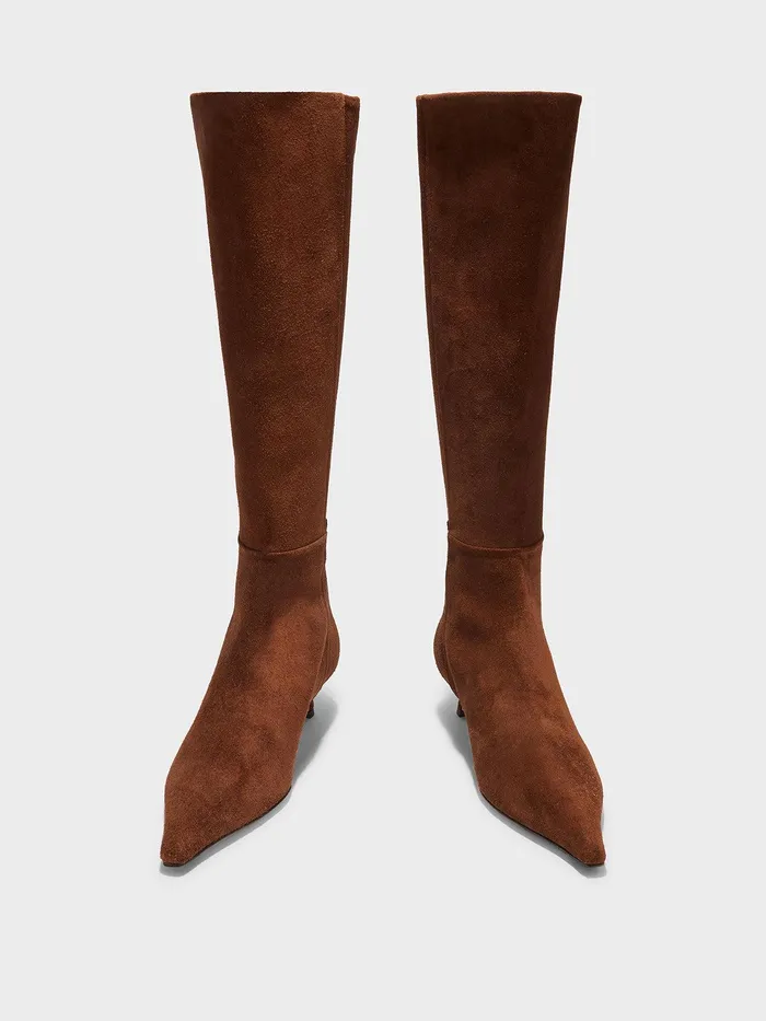 Women Aeyde ZAZIE Brown Suede Kitten Heel KneeHigh Boot Aeyde KneeHigh Boots