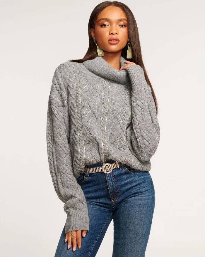 Women Annabelle Embellished Turtleneck Sweater Ivory Bedazzled Ramy Brook Tops