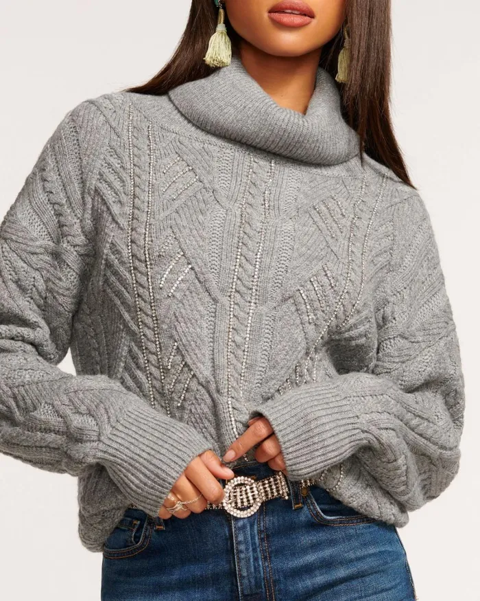Women Annabelle Embellished Turtleneck Sweater Ivory Bedazzled Ramy Brook Tops