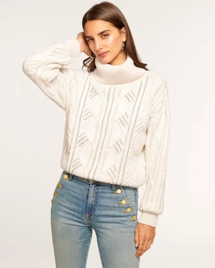 Women Annabelle Embellished Turtleneck Sweater Ivory Bedazzled Ramy Brook Tops