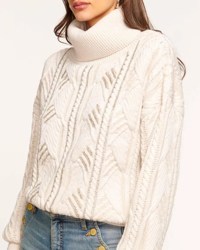 Women Annabelle Embellished Turtleneck Sweater Ivory Bedazzled Ramy Brook Tops