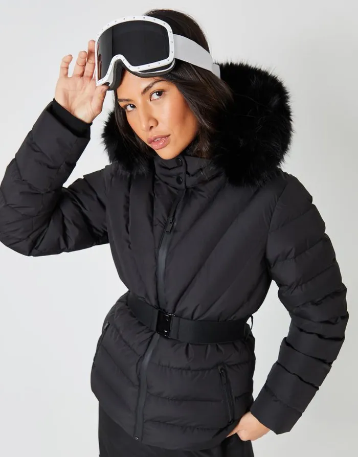 Women Black Belted Puffer Ski Jacket Threadbare Coats