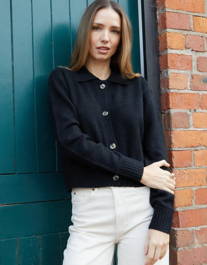 Women Black Cropped Collared Knitted Cardigan Threadbare Cardigans