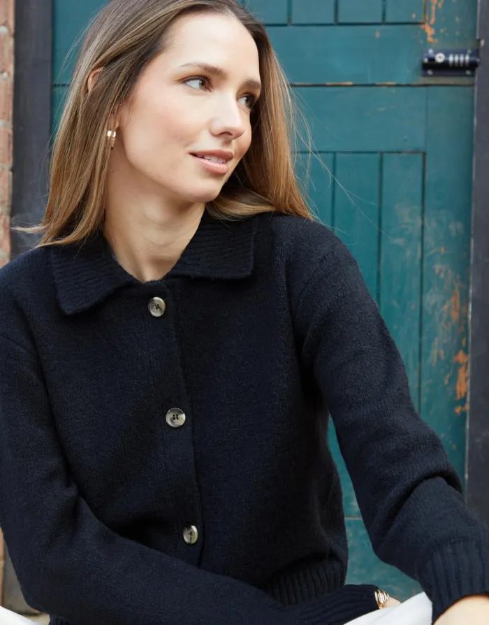 Women Black Cropped Collared Knitted Cardigan Threadbare Cardigans Women Black Cropped Collared Knitted Cardigan Threadbare Cardigans