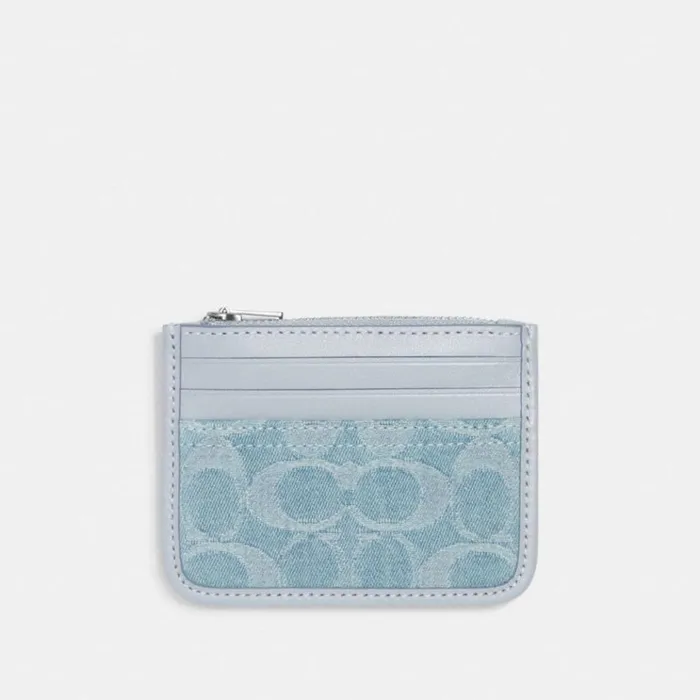 Women Card Cases Coach Zip Card Case In Signature Denim Silverpale Blue