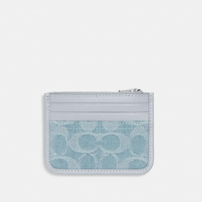 Women Card Cases Coach Zip Card Case In Signature Denim Silverpale Blue