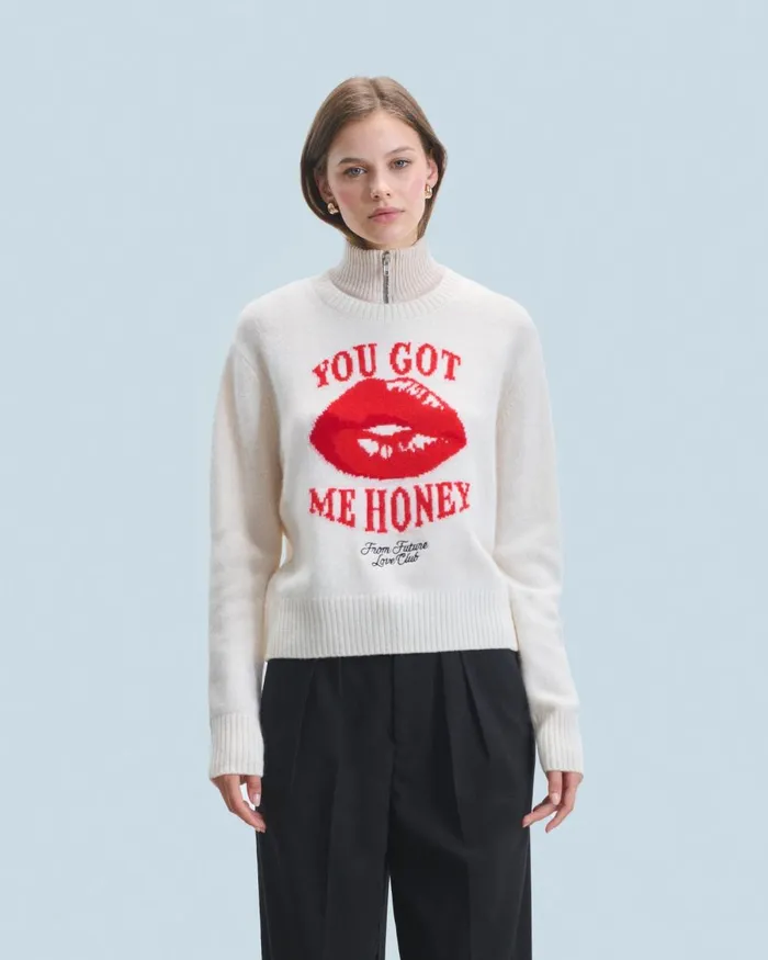 Women Cashmere Sweaters From Future Red Lips Crewneck Sweater White