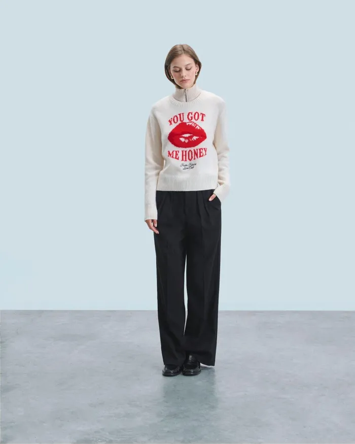 Women Cashmere Sweaters From Future Red Lips Crewneck Sweater White