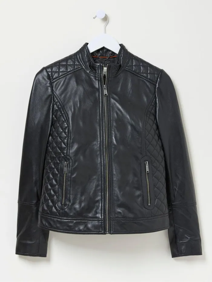 Women Coats and Jackets Fat Face Leanna Black Quilted Leather Jacket