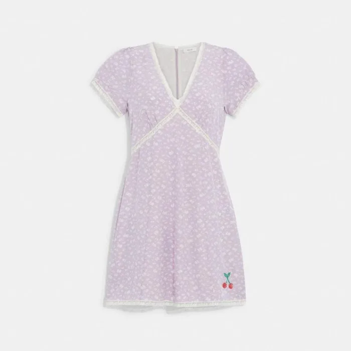 Women Dresses Coach Floral V Neck Dress Light Purple Multi