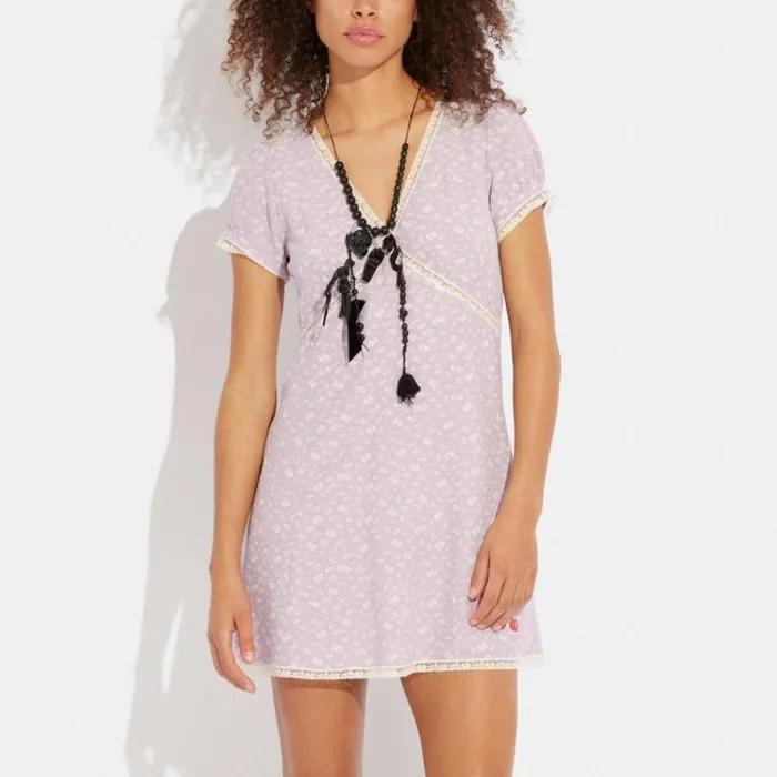 Women Dresses Coach Floral V Neck Dress Light Purple Multi