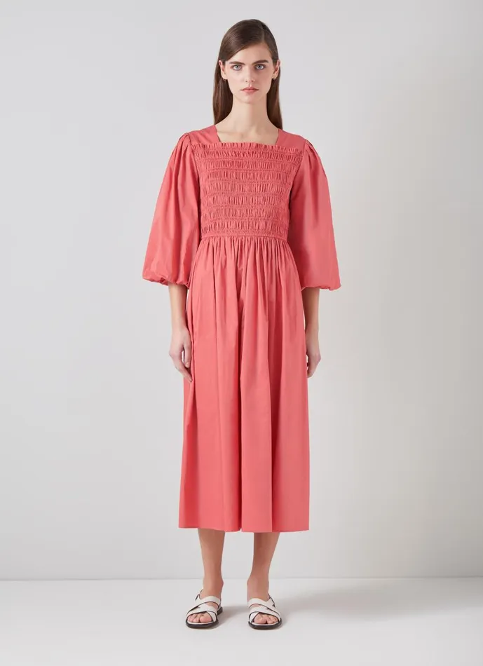 Women Dresses LKBennett Calister Dark Pink Organic Cotton Shirred Dress Rose Women Dresses LKBennett Calister Dark Pink Organic Cotton Shirred Dress Rose