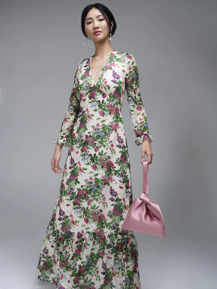 Women Dresses LKBennett Deborah Neon Garden Print SilkBlend Maxi Dress Cream