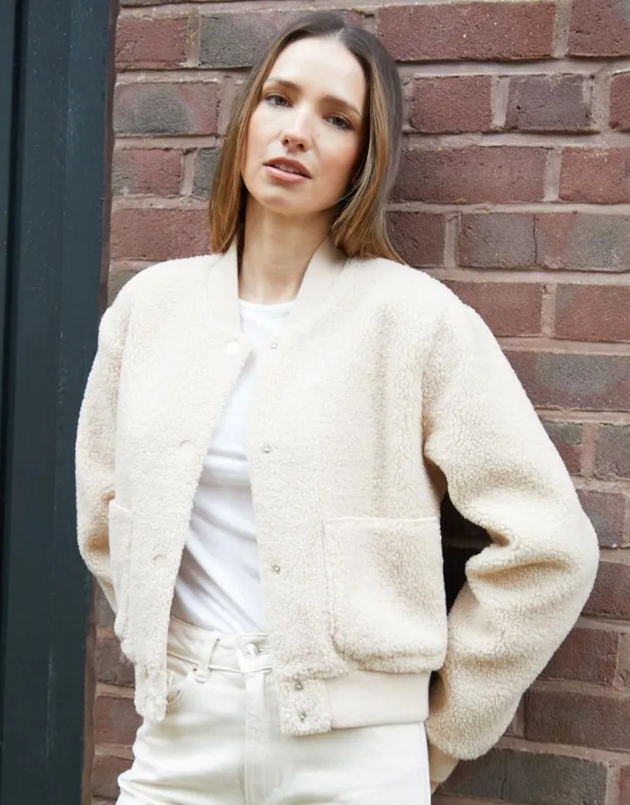 Women Ecru Borg Bomber Jacket Threadbare Jackets