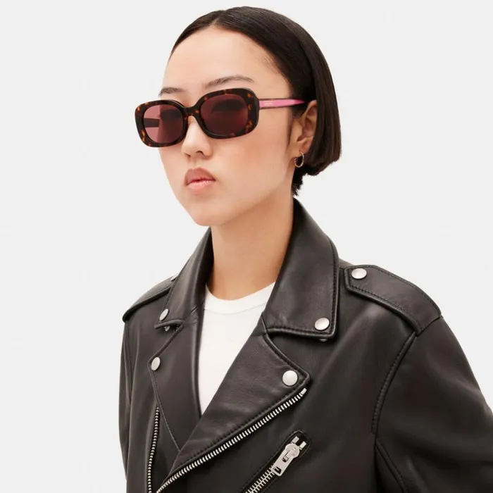 Women Eyewear Coach Badge Rounded Square Sunglasses Tortoise Pink Stripe