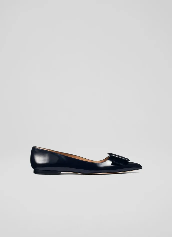 Women Flats LKBennett Devon Blue Patent Leather BuckleDetail Flats La Mer