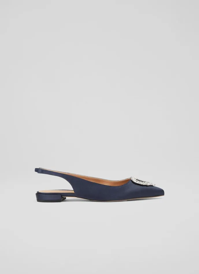 Women Flats LKBennett Luana Navy Satin Heart Brooch Slingback Flats Navy