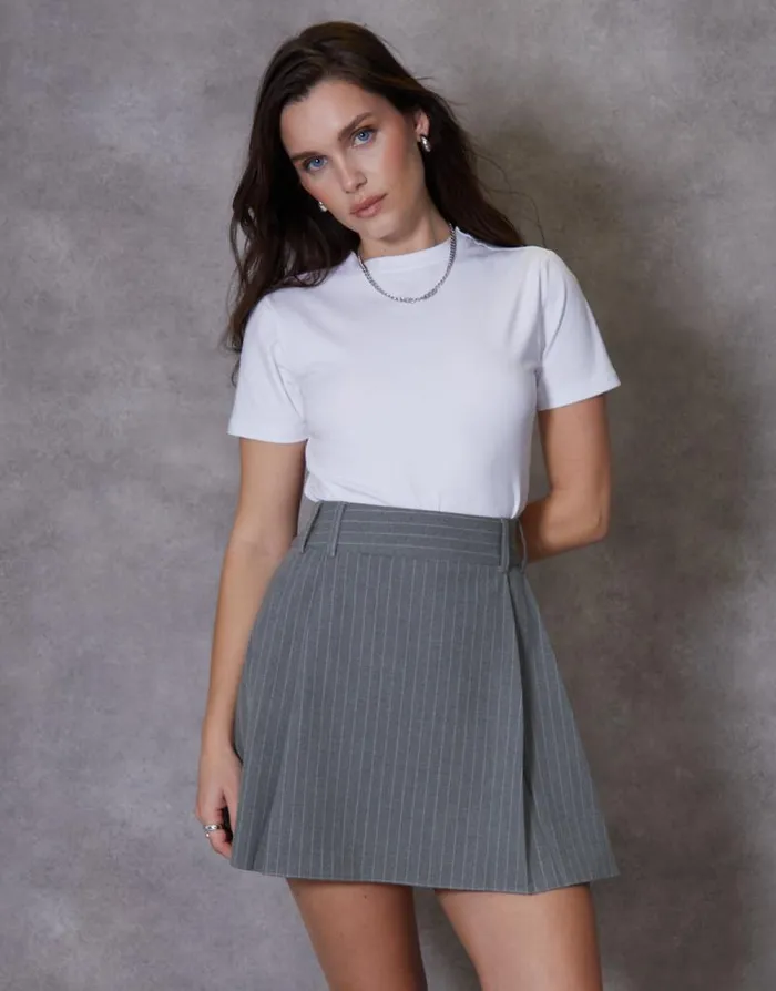 Women Grey Pinstripe Pleated Mini Skirt Threadbare Skirts