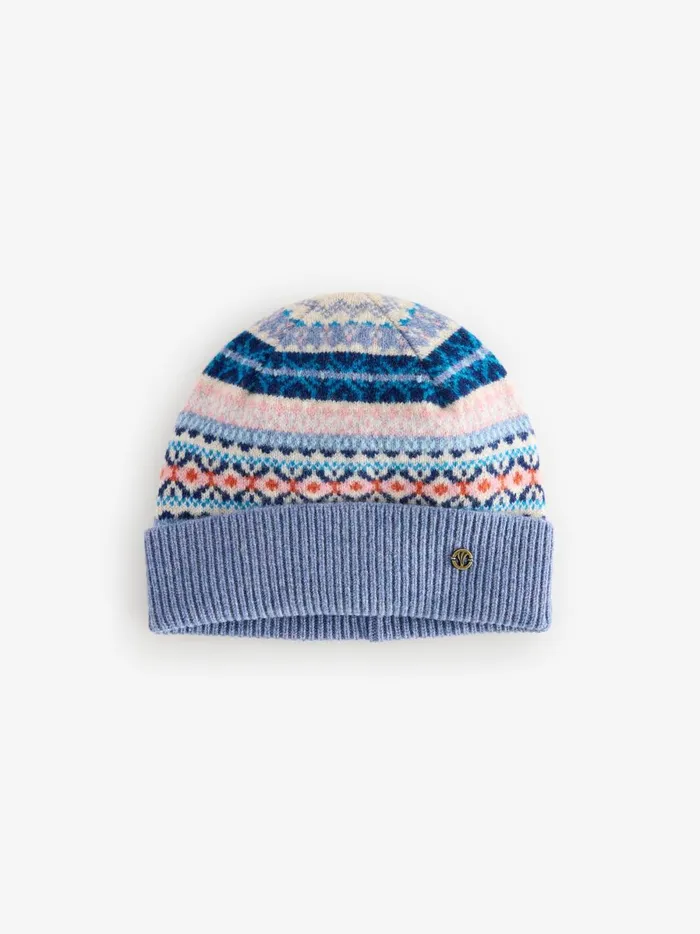 Women Hats Fat Face Blue Lambswool Fairisle Beanie Hat