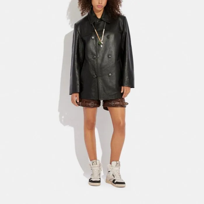 Women Jackets and Outerwear Coach Leather Peacoat Blackcocoa