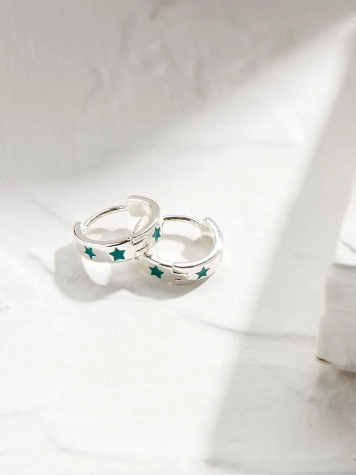 Women Jewellery Fat Face Green Star Enamel Hoop Earrings