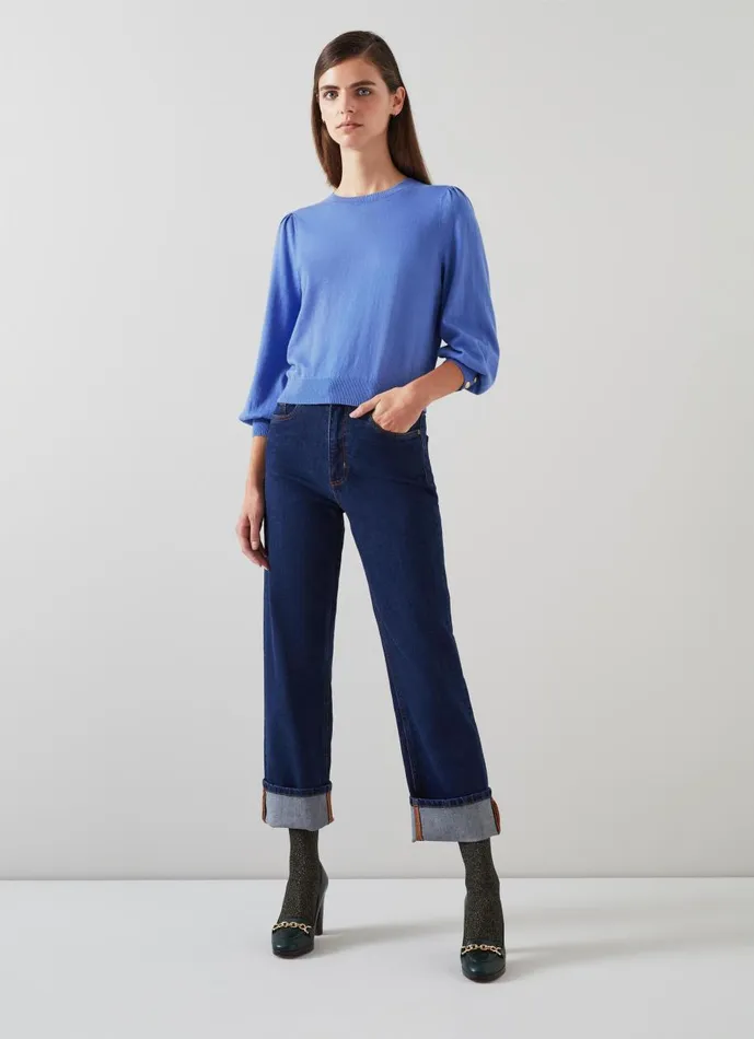 Women Knitwear LKBennett Diana Blue Cotton And Sustainably Sourced Merino Jumper Wedgewood
