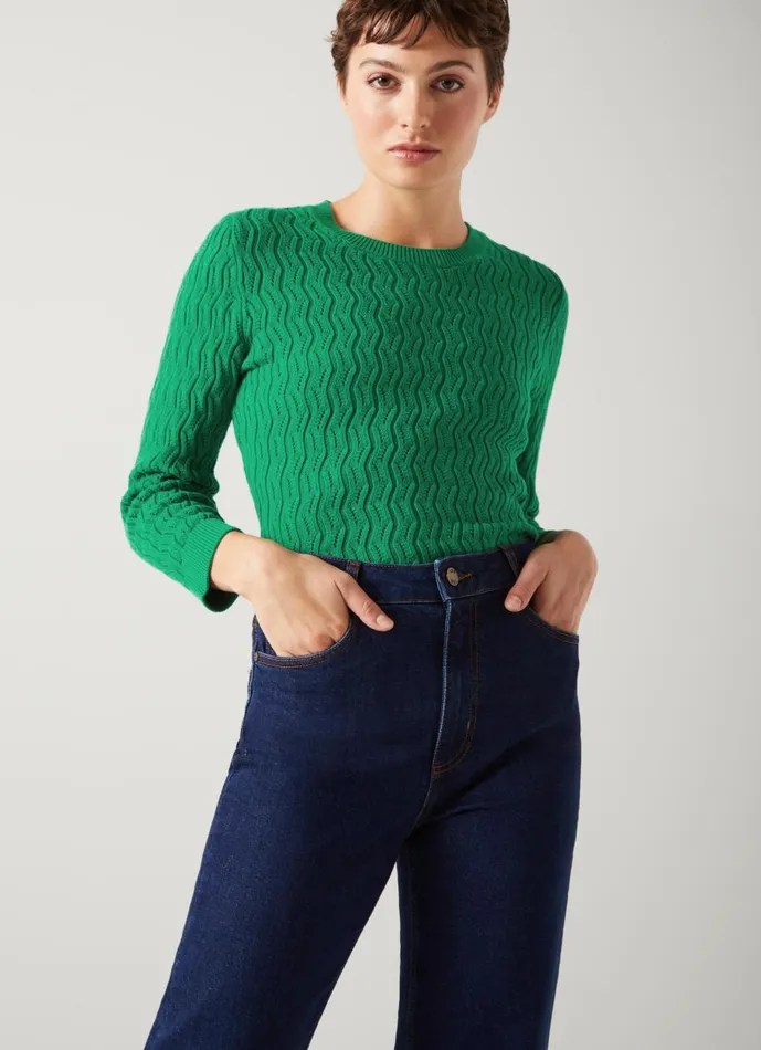 Women Knitwear LKBennett Keaton Green Cotton OpenWeave Jumper Green