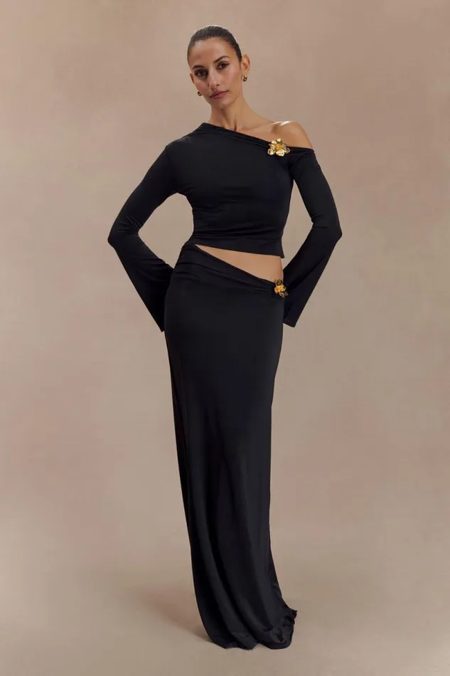Women Meshki Bottoms Ainsley Asymmetrical Maxi Skirt With Floral Hardware 8211 Black Women Meshki Bottoms Ainsley Asymmetrical Maxi Skirt With Floral Hardware 8211 Black