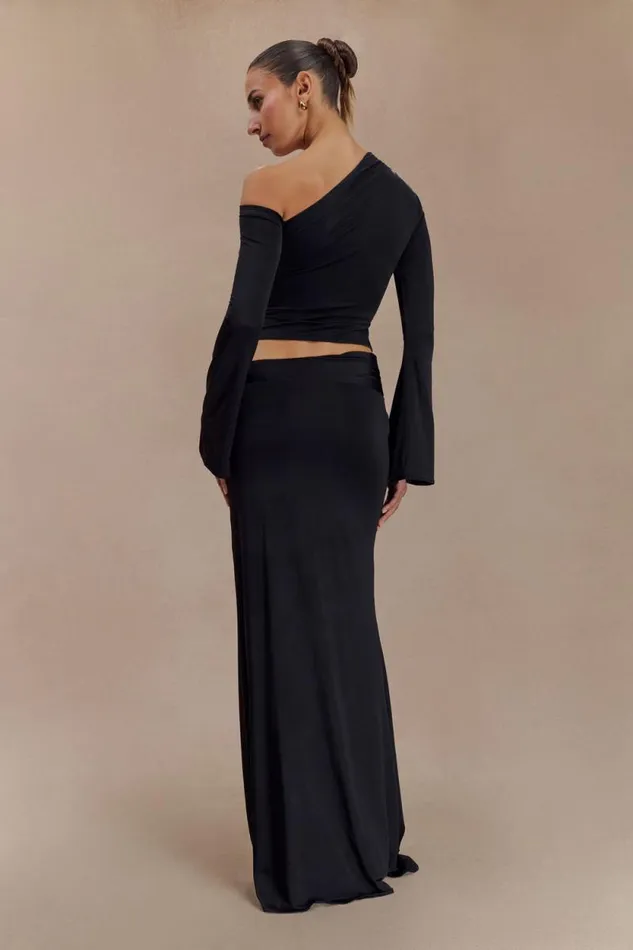 Women Meshki Bottoms Ainsley Asymmetrical Maxi Skirt With Floral Hardware 8211 Black