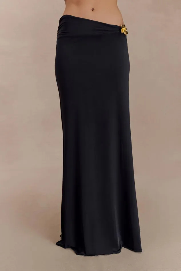 Women Meshki Bottoms Ainsley Asymmetrical Maxi Skirt With Floral Hardware 8211 Black