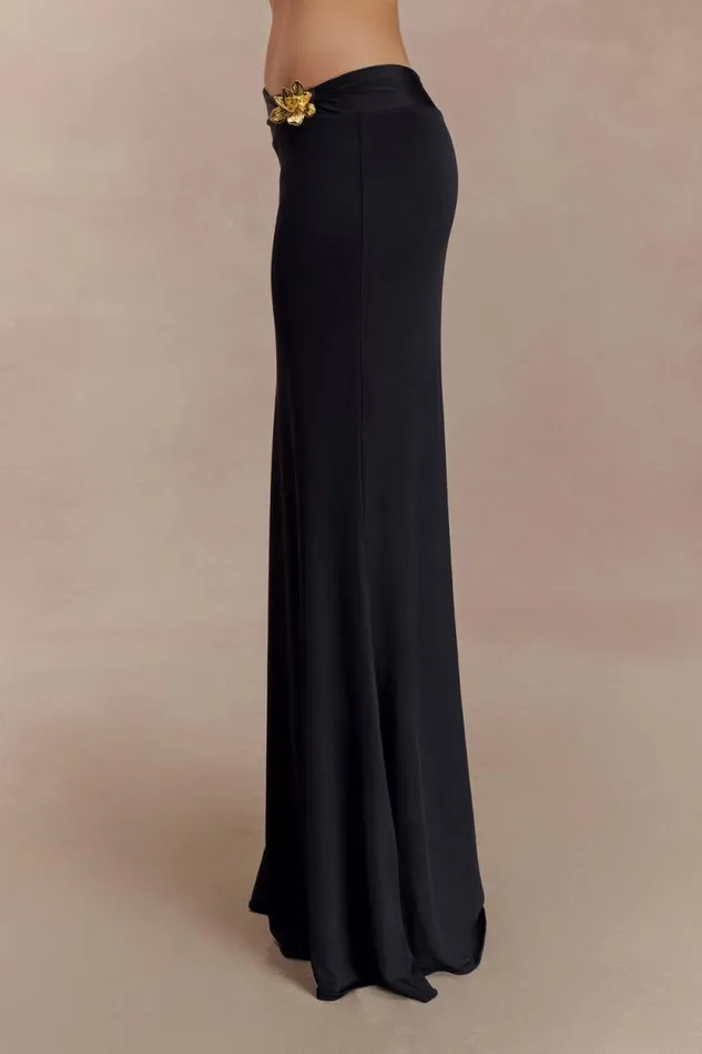 Women Meshki Bottoms Ainsley Asymmetrical Maxi Skirt With Floral Hardware 8211 Black