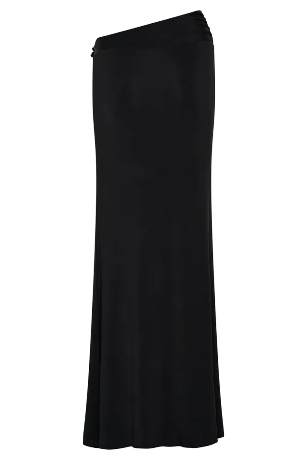 Women Meshki Bottoms Ainsley Asymmetrical Maxi Skirt With Floral Hardware 8211 Black
