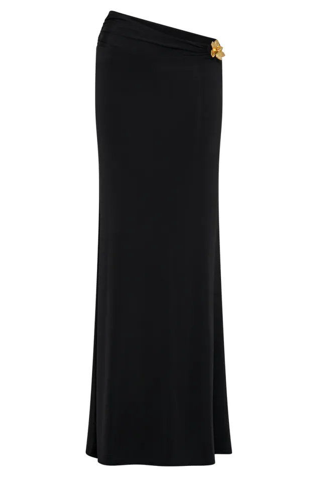 Women Meshki Bottoms Ainsley Asymmetrical Maxi Skirt With Floral Hardware 8211 Black