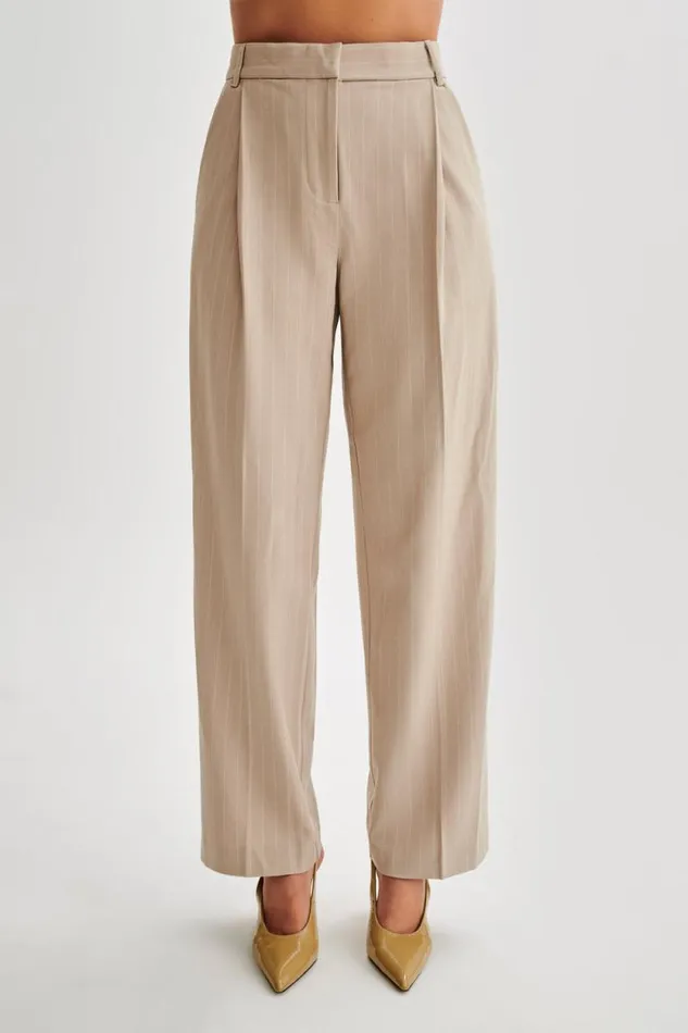 Women Meshki Bottoms Amelie Suiting Straight Leg Pants 8211 Taupe Pinstripe