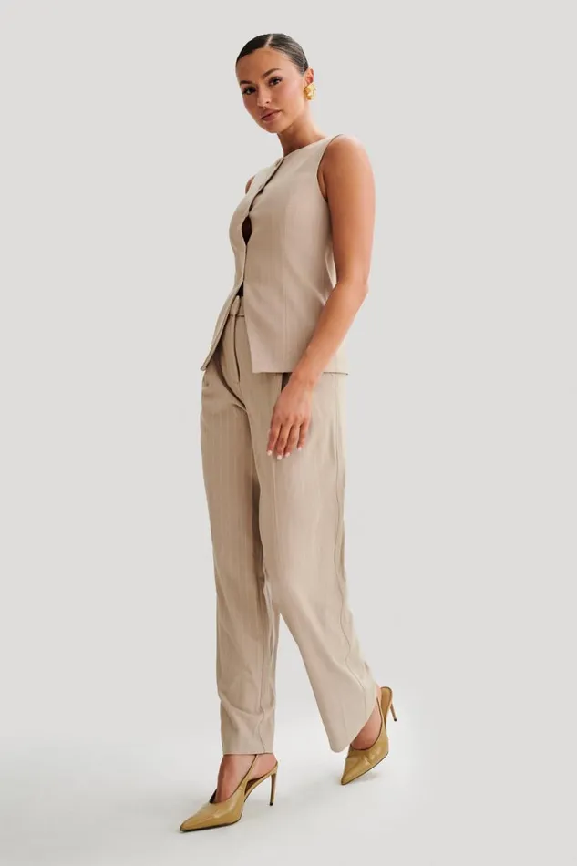 Women Meshki Bottoms Amelie Suiting Straight Leg Pants 8211 Taupe Pinstripe