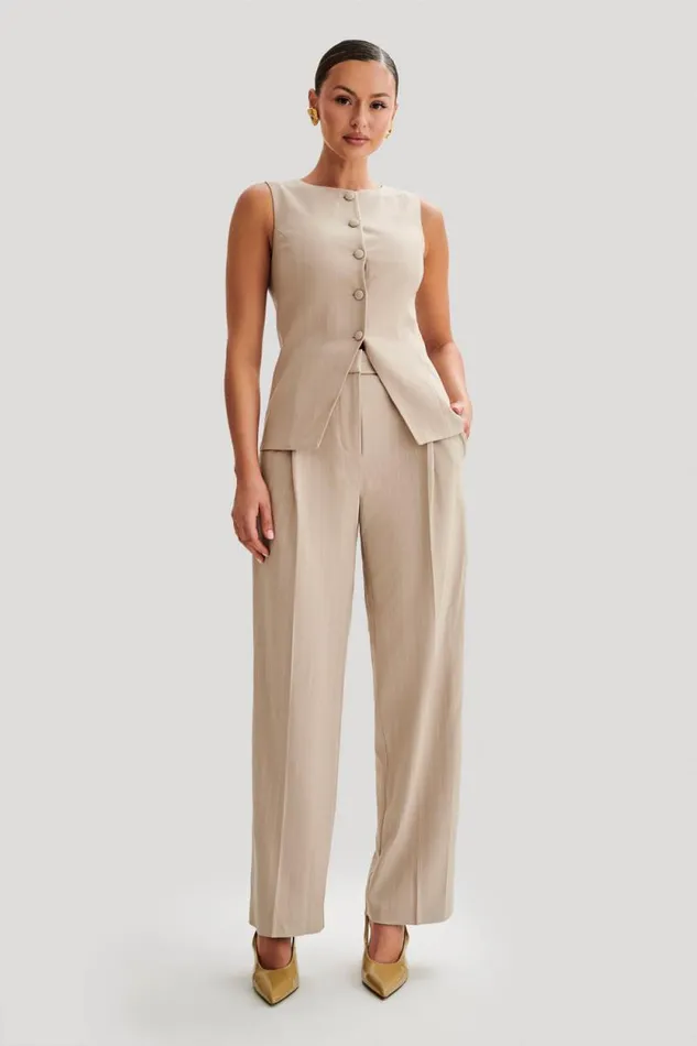Women Meshki Bottoms Amelie Suiting Straight Leg Pants 8211 Taupe Pinstripe