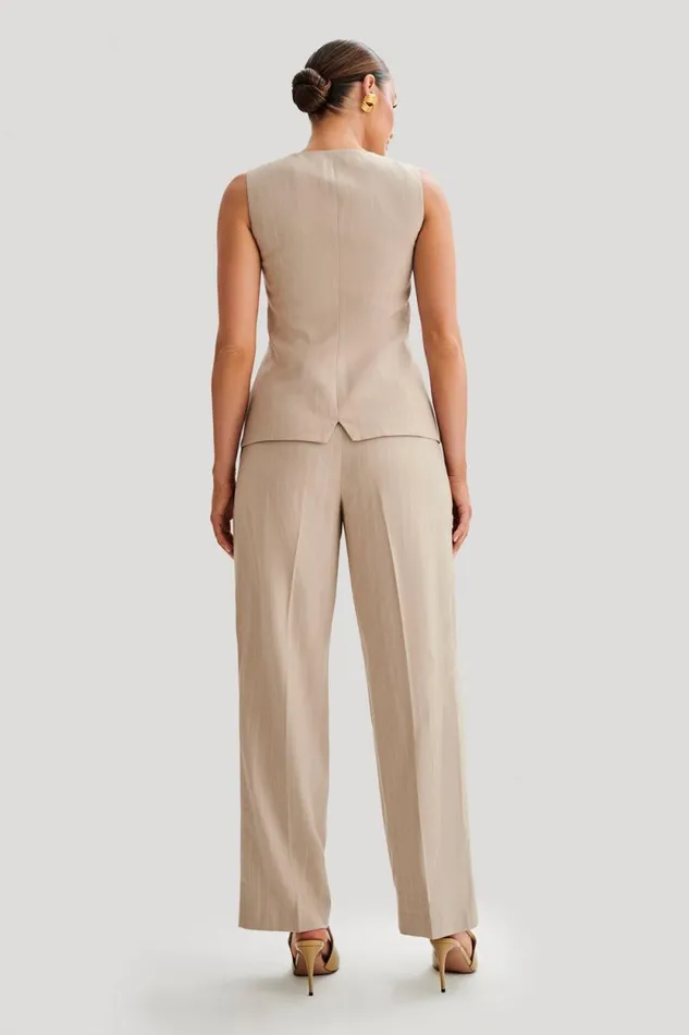 Women Meshki Bottoms Amelie Suiting Straight Leg Pants 8211 Taupe Pinstripe