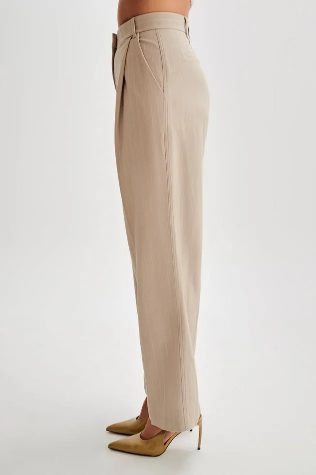 Women Meshki Bottoms Amelie Suiting Straight Leg Pants 8211 Taupe Pinstripe
