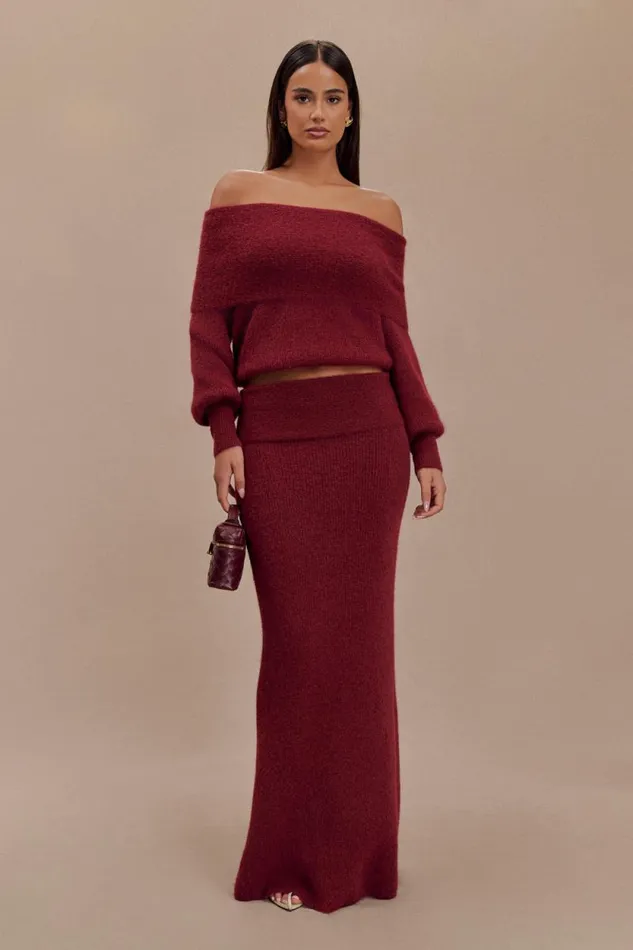 Women Meshki Bottoms Charlotte Knit Maxi Skirt With Overlay 8211 Merlot