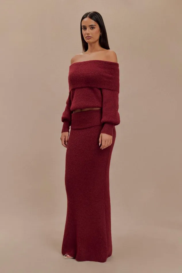 Women Meshki Bottoms Charlotte Knit Maxi Skirt With Overlay 8211 Merlot