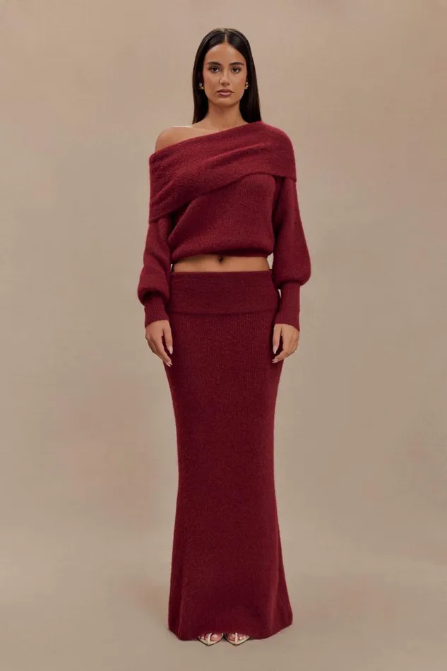 Women Meshki Bottoms Charlotte Knit Maxi Skirt With Overlay 8211 Merlot