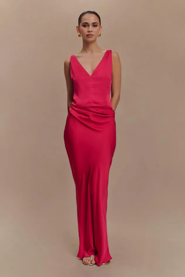 Women Meshki Bottoms Nicola Satin Asymmetric Maxi Skirt 8211 Pink Cherry