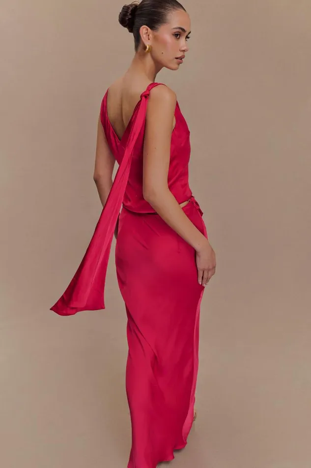 Women Meshki Bottoms Nicola Satin Asymmetric Maxi Skirt 8211 Pink Cherry